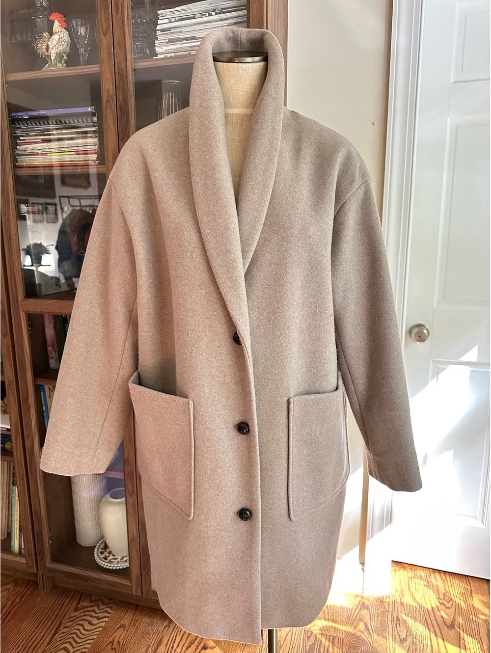 Oatmeal-Beige Lucky Brand Shawl-Collar Oversized Long Lined Coat Size L